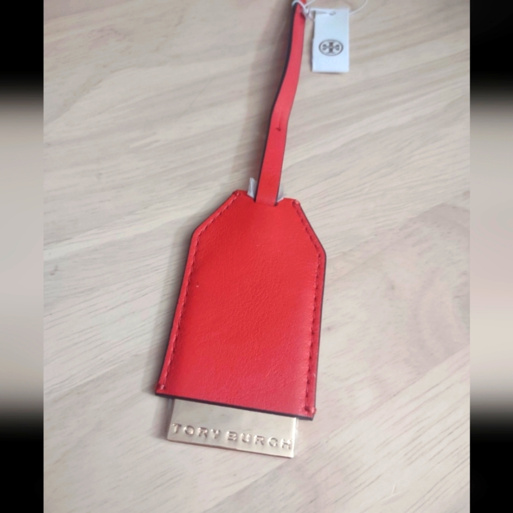 Tory Burch Red Leather Gold Logo Bag Tag Accessory